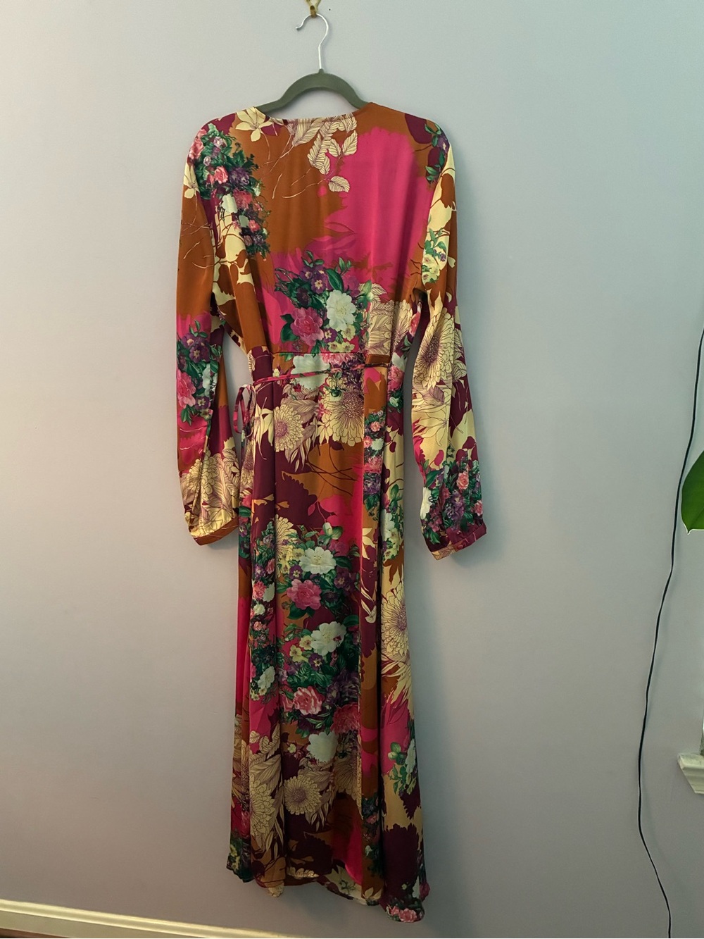 Lulus | Put on a Smile Burgundy Floral Print Satin Wrap Maxi Dress - Picture 8 of 11